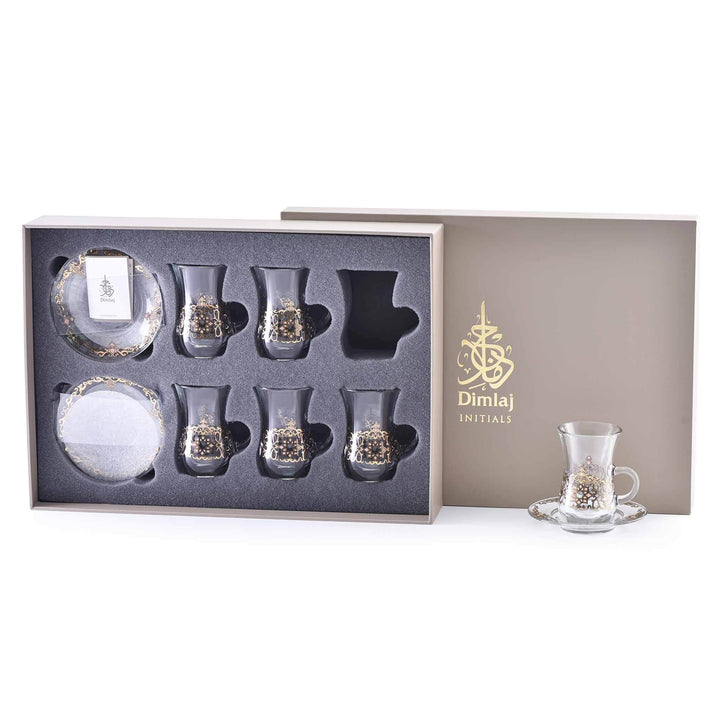 Dimlaj Regal Set of 6 Pcs Tea Istikanas and Saucers (Gold & Peach)
