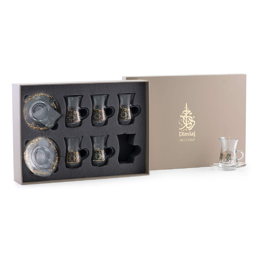 Dimlaj Regal Set of 6 Pcs Tea Istikanas and Saucers (Gold & Green)