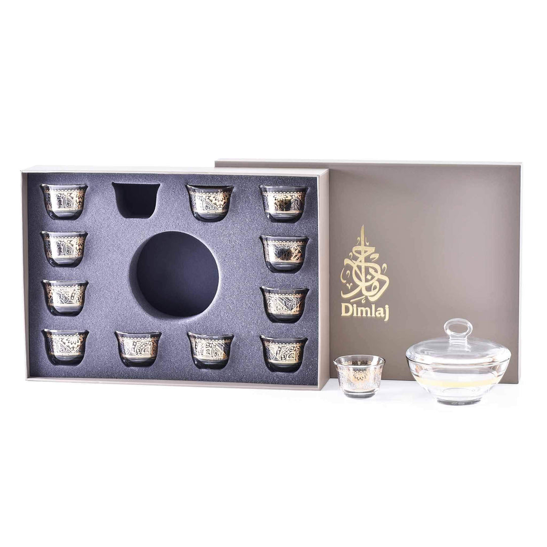 Dimlaj Sana Set of 14 Pcs Cawa Cups and Serving Bowl (Gold & Platinum)