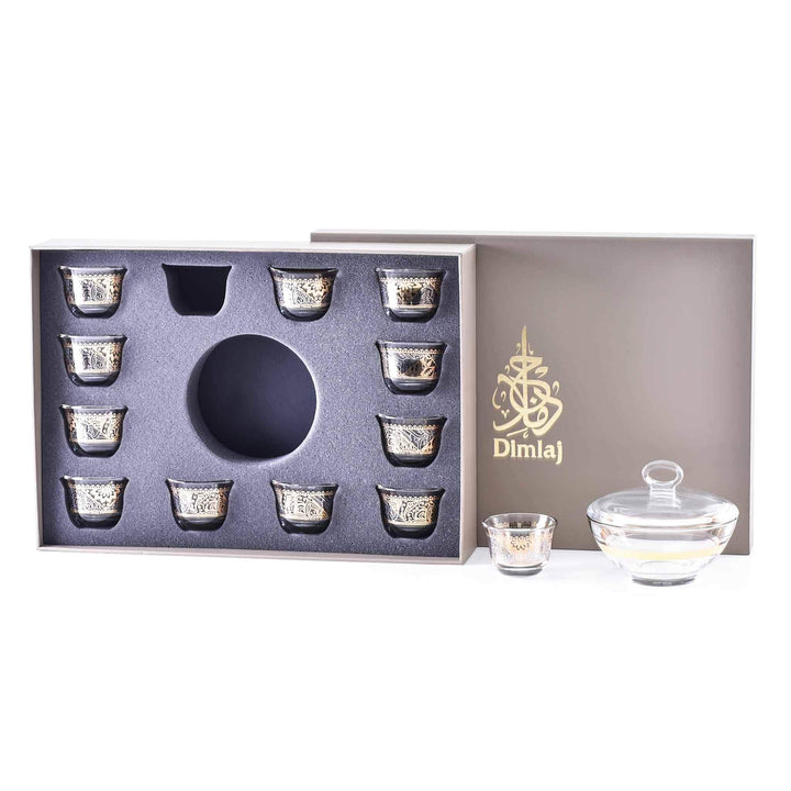 Dimlaj Sana Set of 14 Pcs Cawa Cups and Serving Bowl (Gold & Platinum)