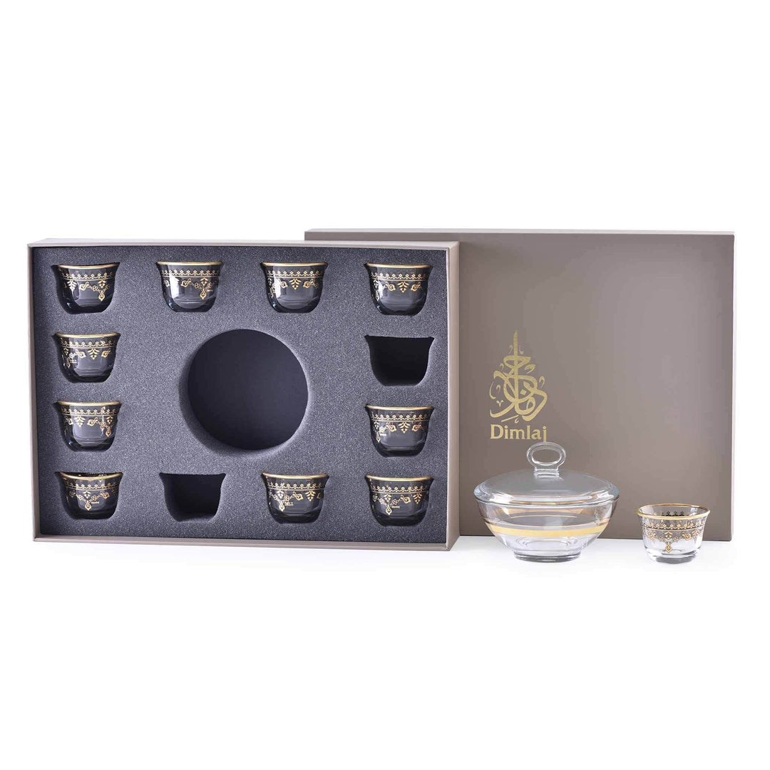 Dimlaj Duja Set of 14 Pcs Cawa Cups and Serving Bowl (Gold &amp; Black)