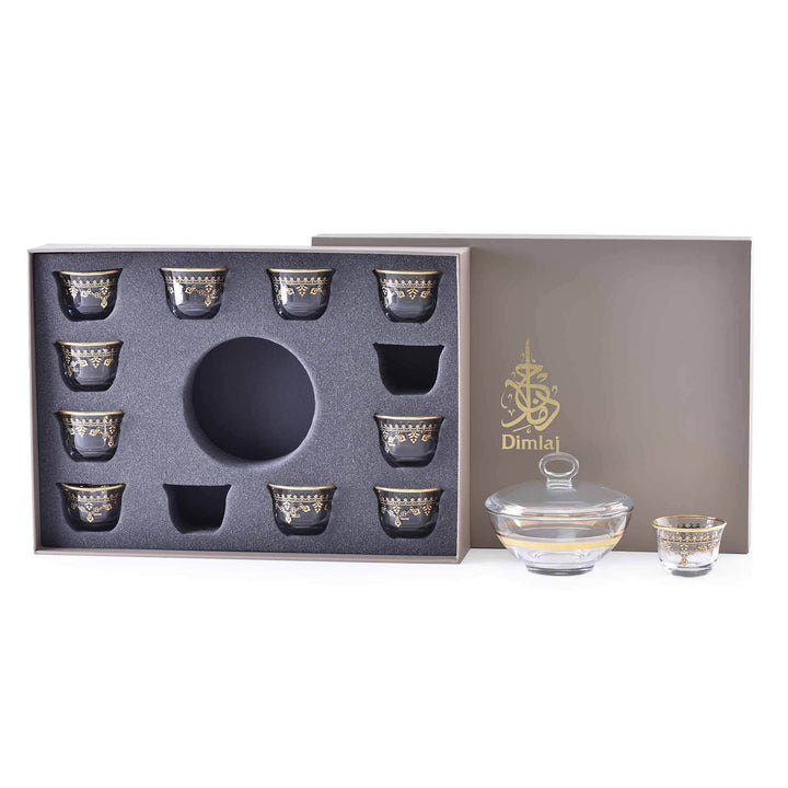 Dimlaj Duja Set of 14 Pcs Cawa Cups and Serving Bowl (Gold &amp; Black)