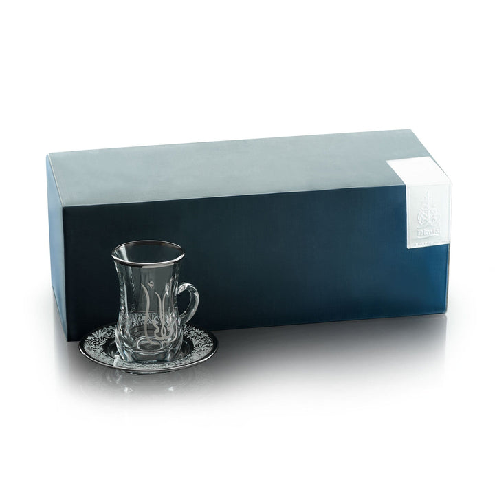 Dimlaj Mother Set of 6 Pcs Tea Istikanas and Saucers (Platinum & White)